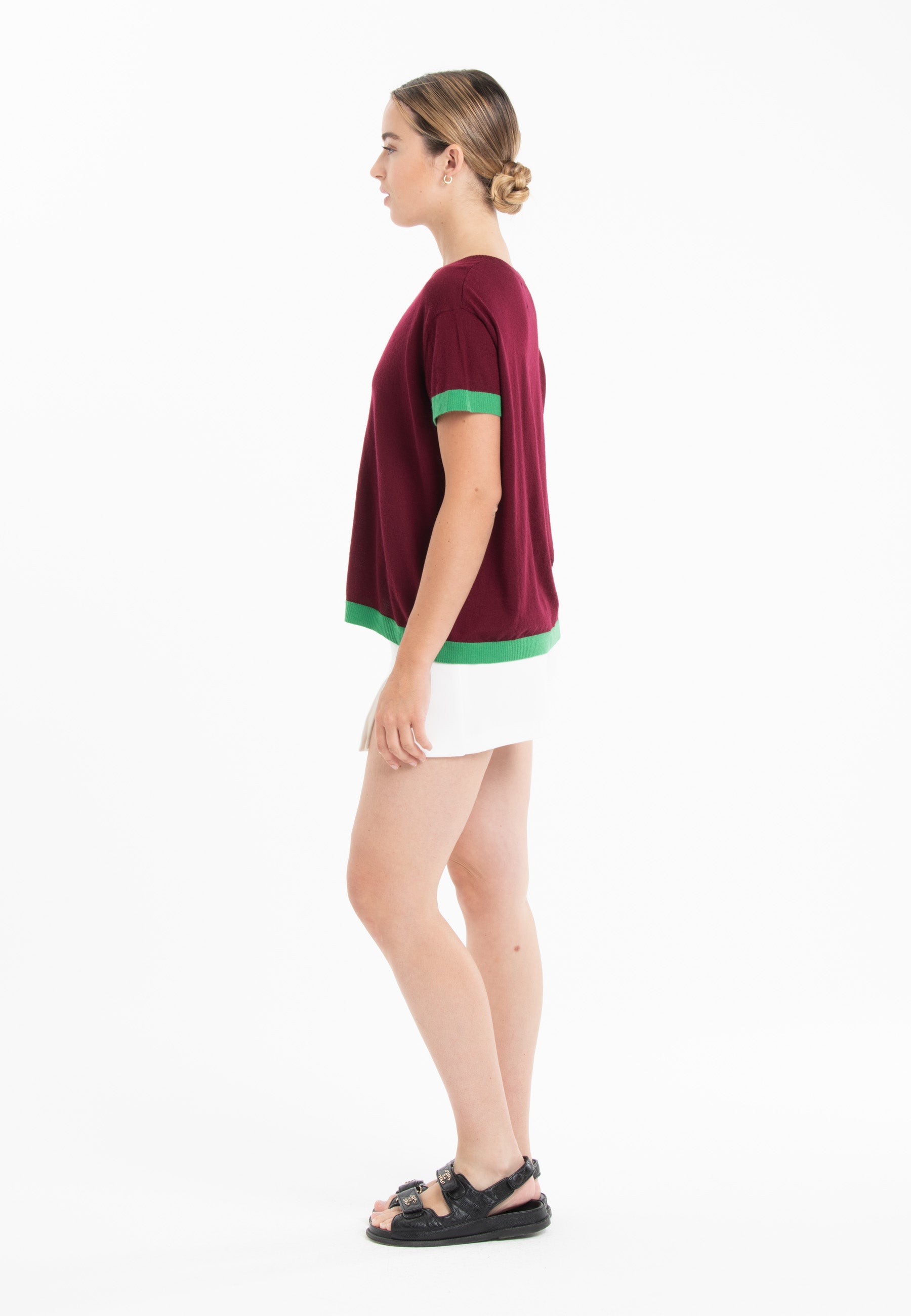 T-shirt col rond ultrafin cachemire et laine rouge bordeaux/ vert femme - KELLY 1-1