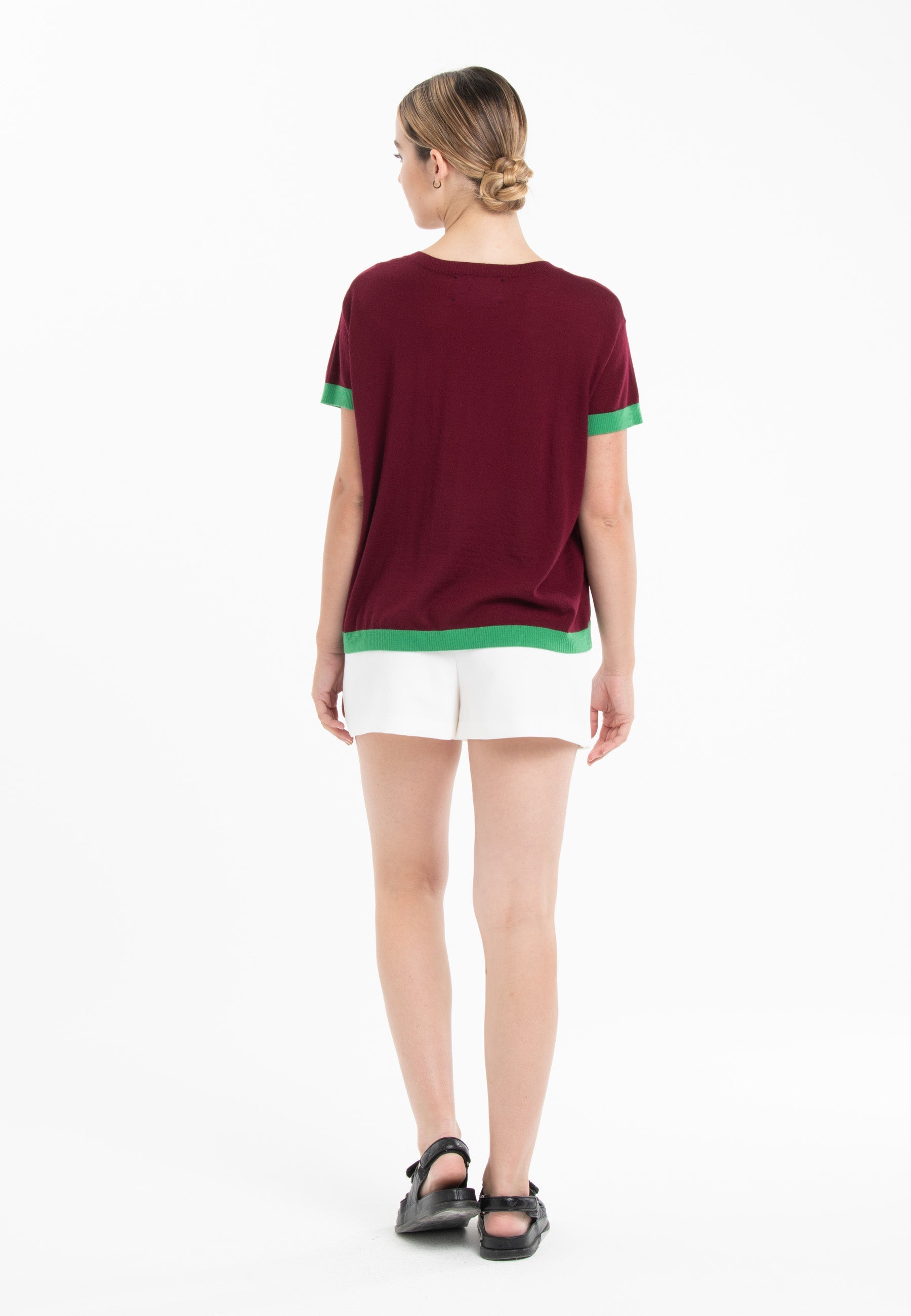 T-shirt col rond ultrafin cachemire et laine rouge bordeaux/ vert femme - KELLY 1-2