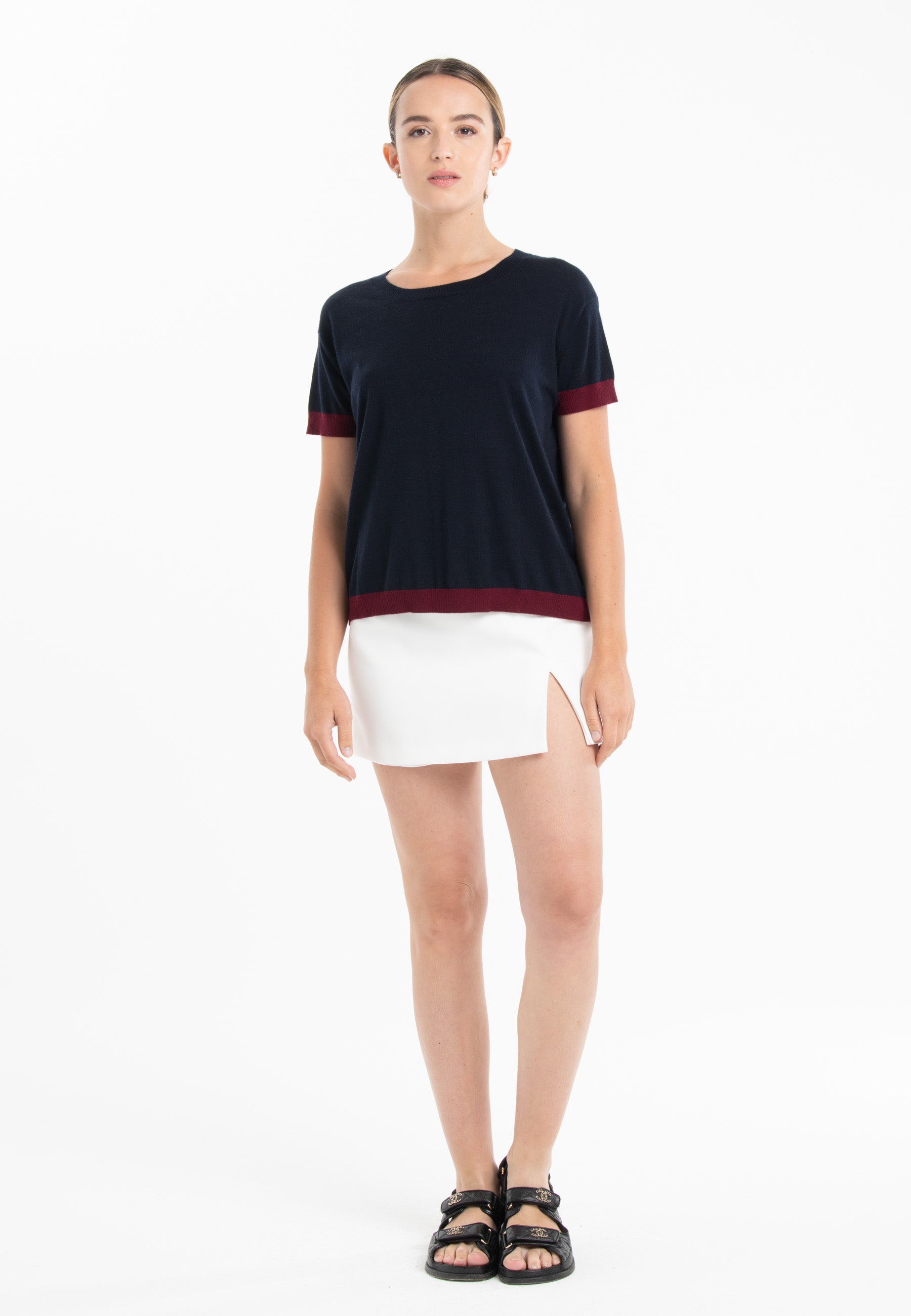 T-shirt col rond ultrafin cachemire et laine bleu marine/ rouge bordeaux femme - KELLY 1-0