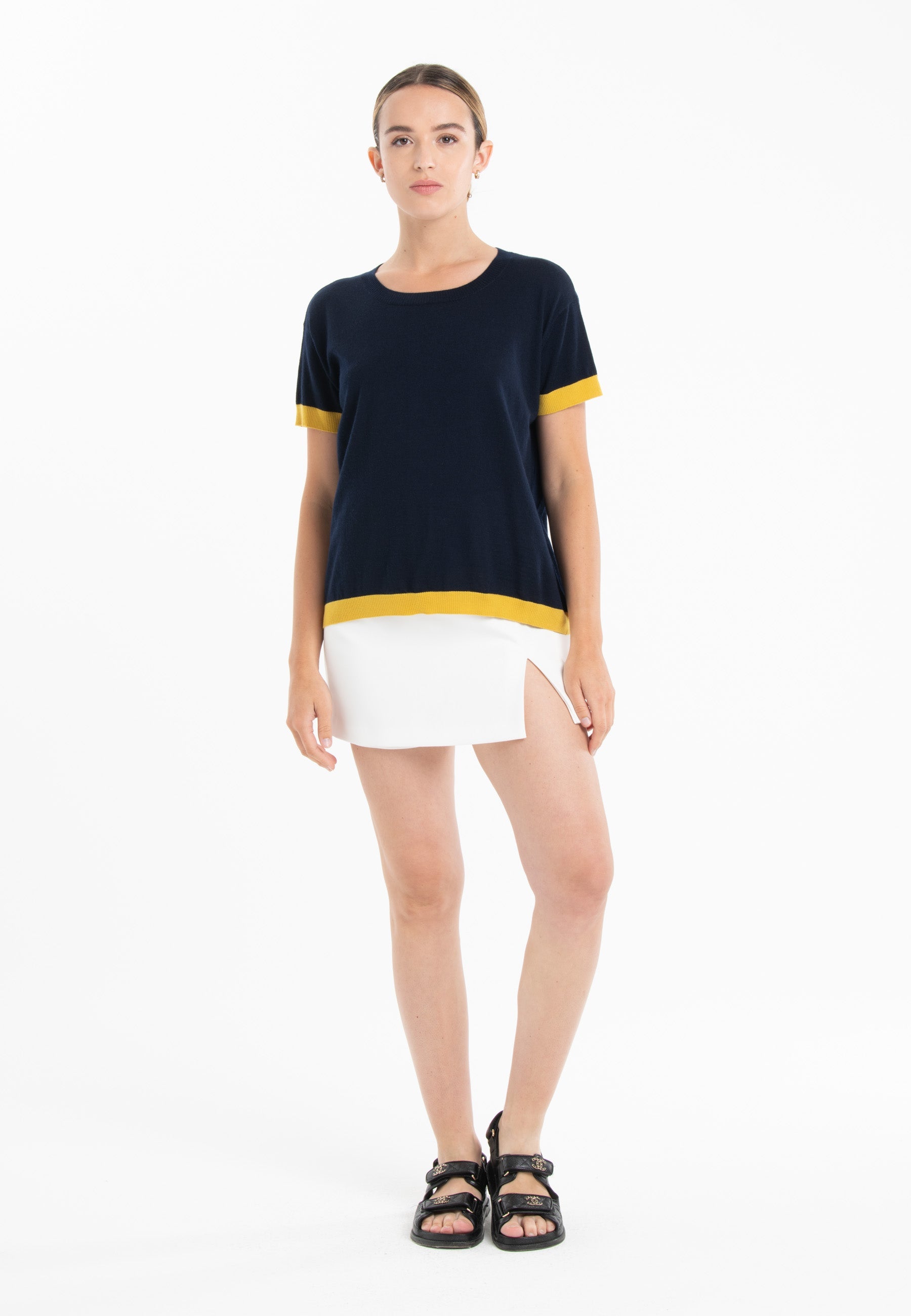 T-shirt col rond ultrafin cachemire et laine bleu marine/ jaune femme - KELLY 1-0