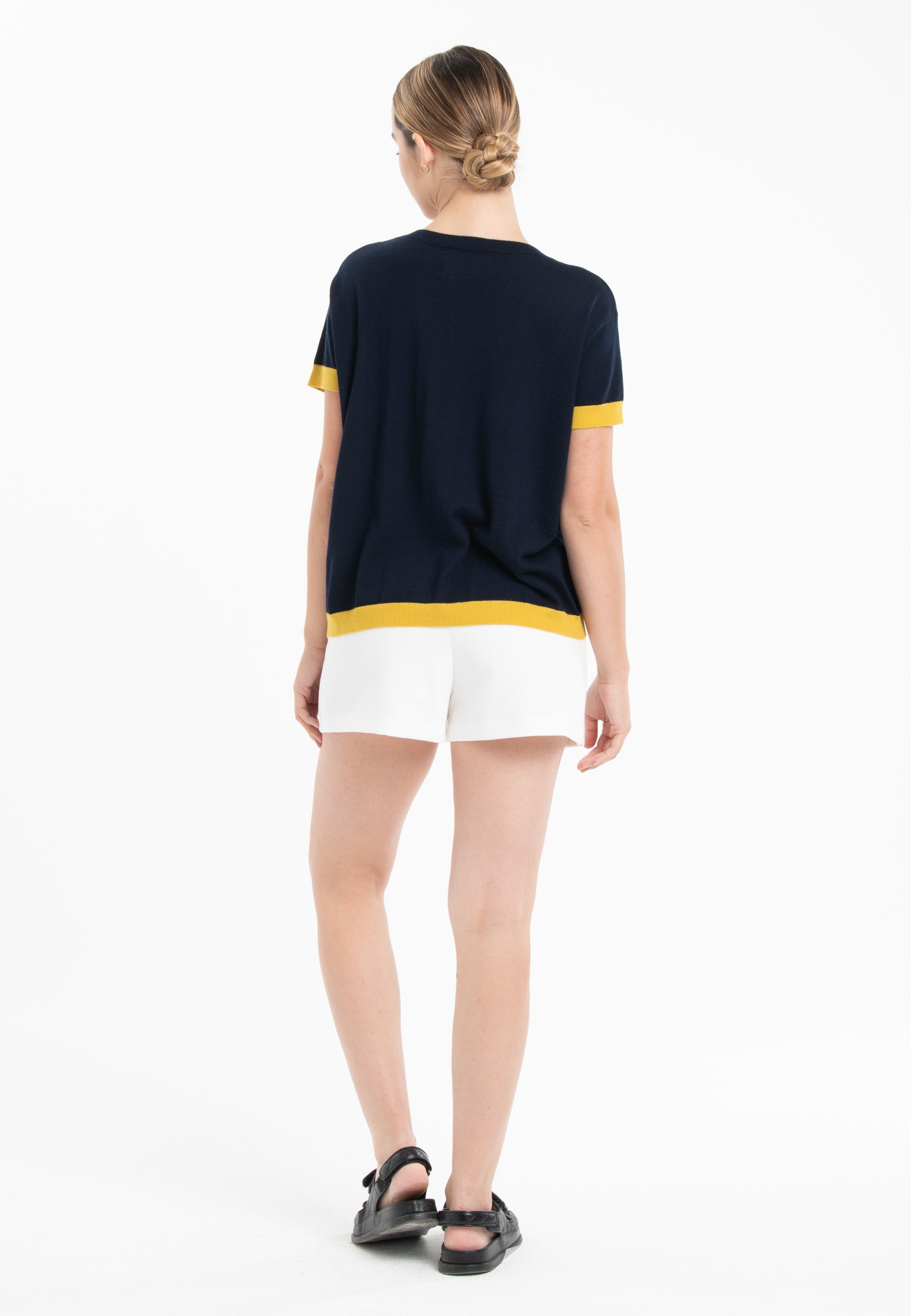 T-shirt col rond ultrafin cachemire et laine bleu marine/ jaune femme - KELLY 1-2