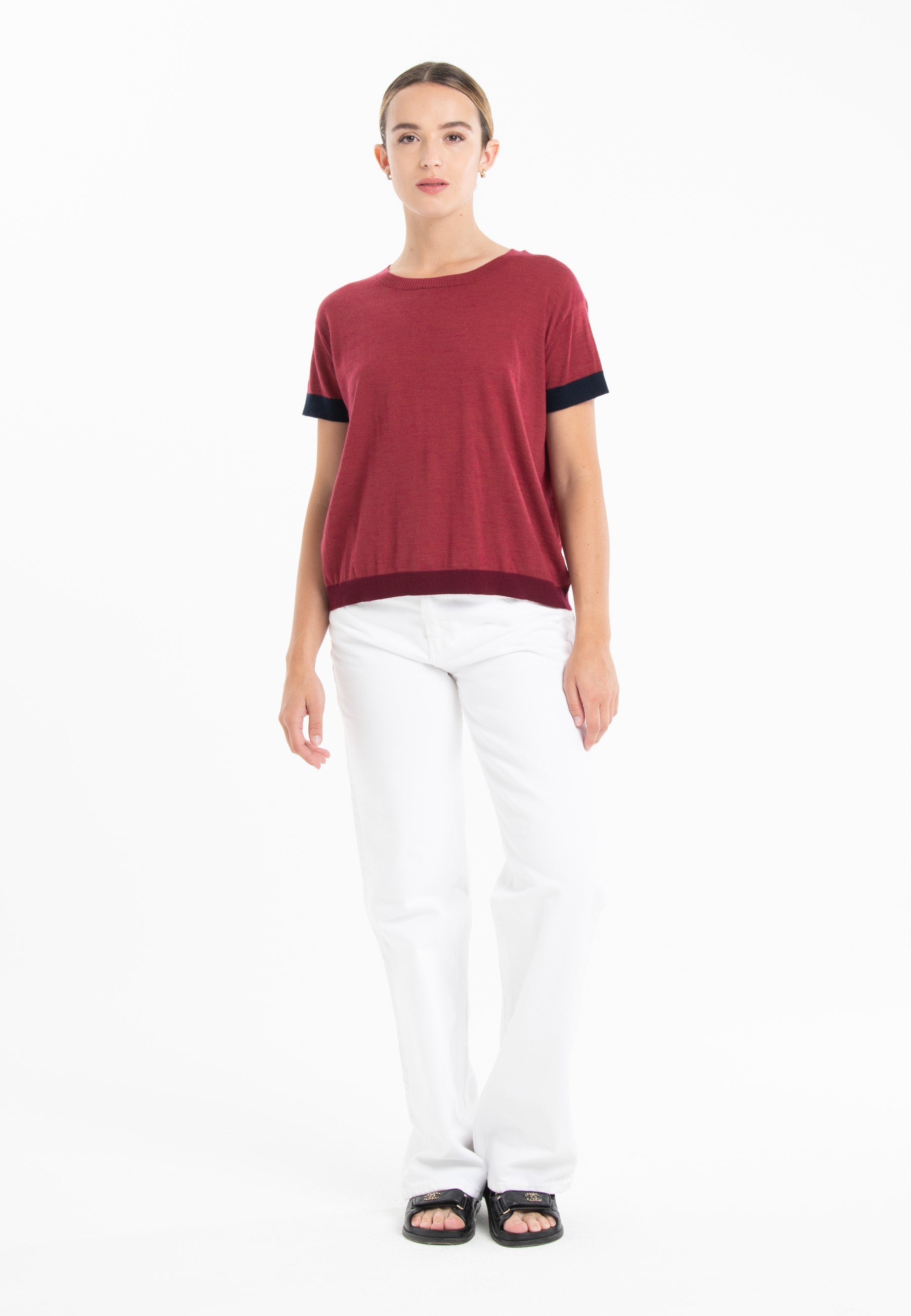 T-shirt col rond tricolore ultrafin cachemire et laine rouge/ bleu marine/ rouge bordeaux femme - KELLY 8-0