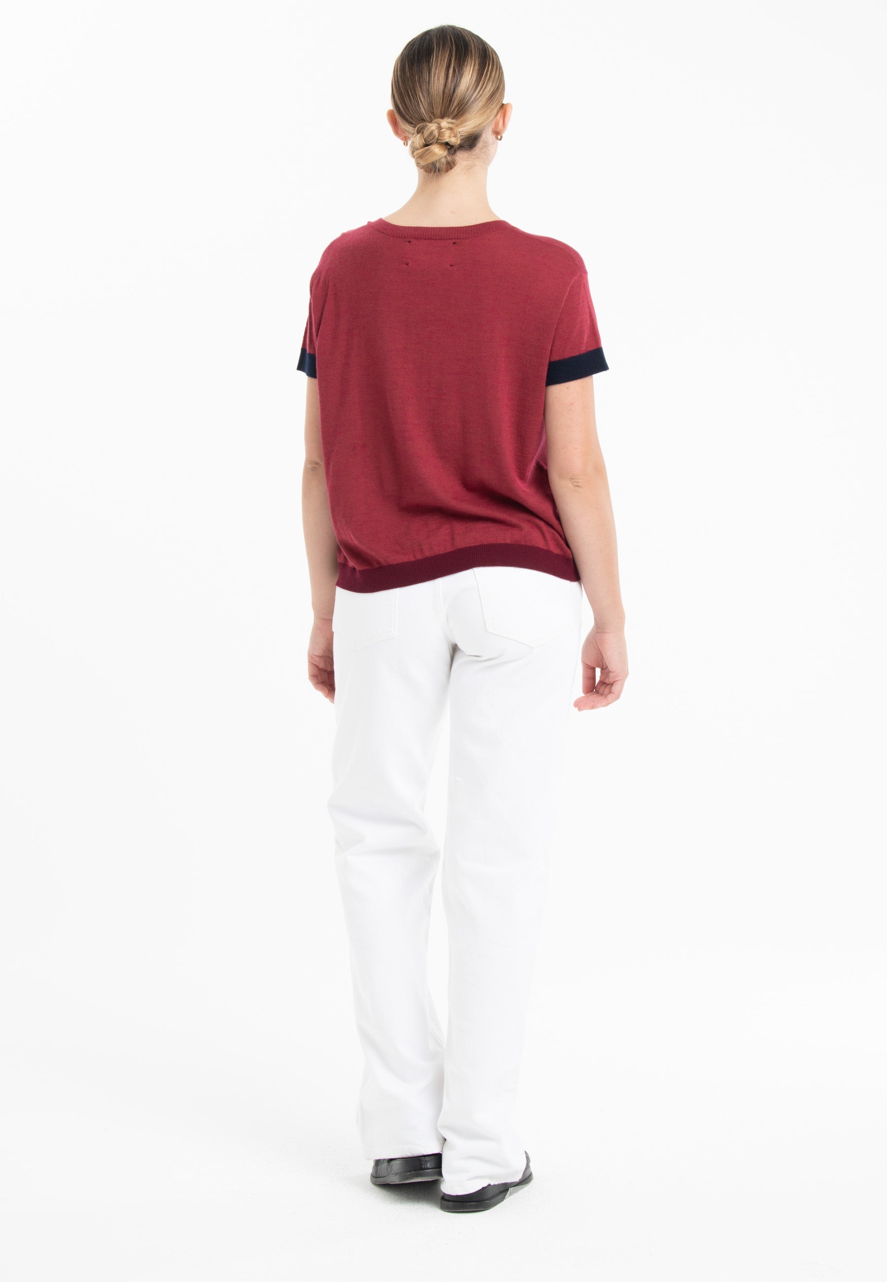 T-shirt col rond tricolore ultrafin cachemire et laine rouge/ bleu marine/ rouge bordeaux femme - KELLY 8-3