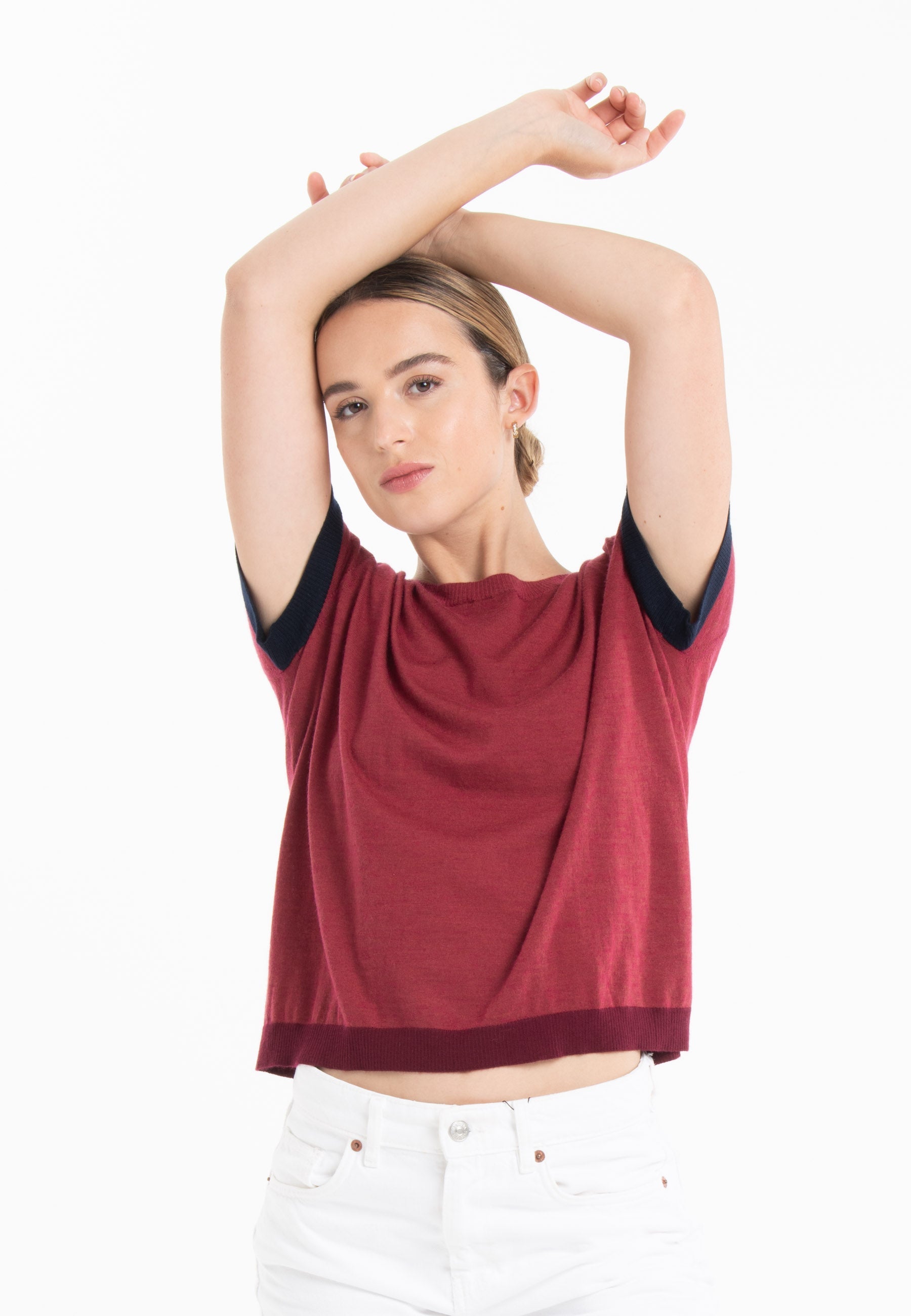 T-shirt col rond tricolore ultrafin cachemire et laine rouge/ bleu marine/ rouge bordeaux femme - KELLY 8-1