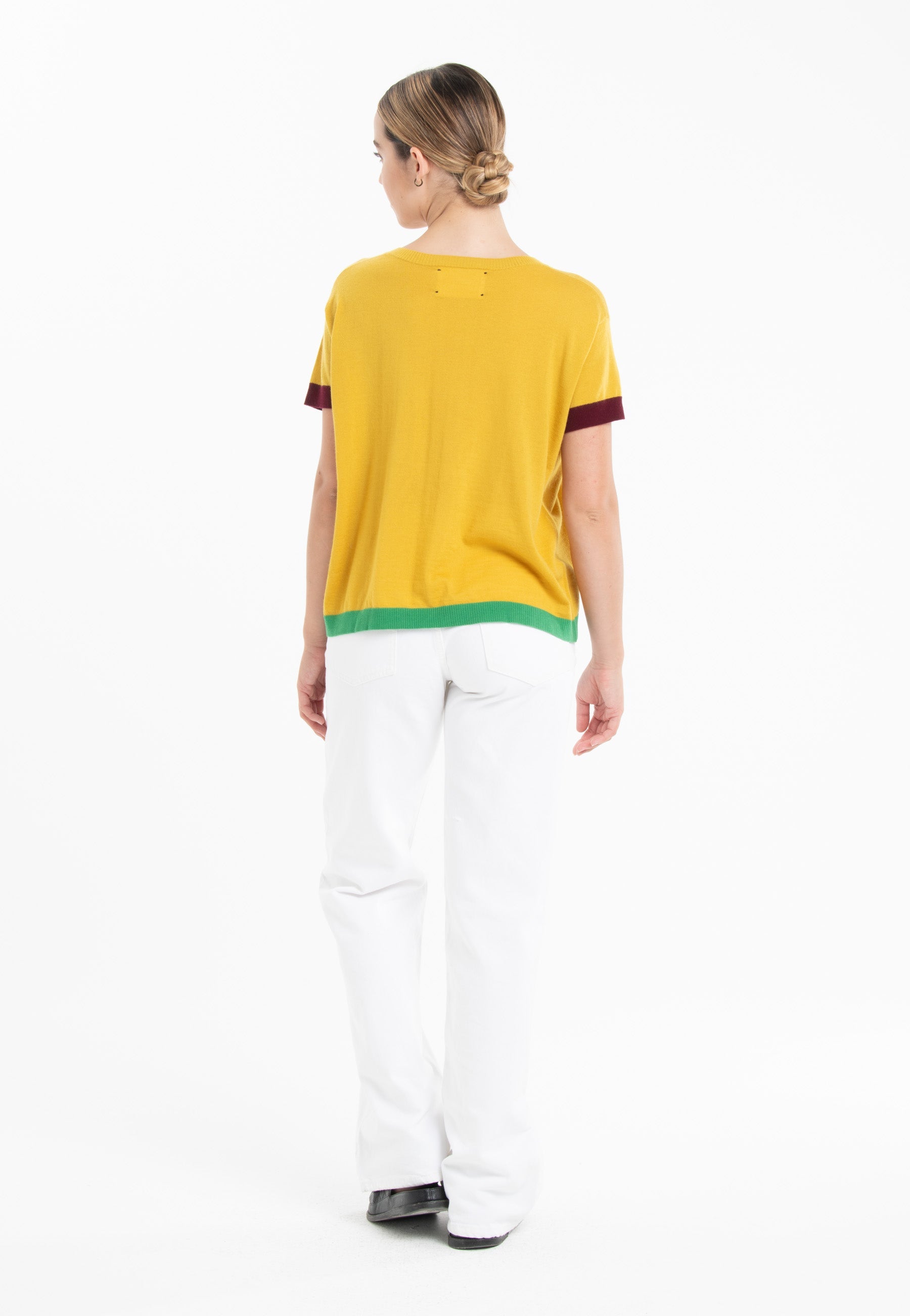 T-shirt col rond tricolore ultrafin cachemire et laine jaune/ rouge bordeaux/ vert femme - KELLY 8-2