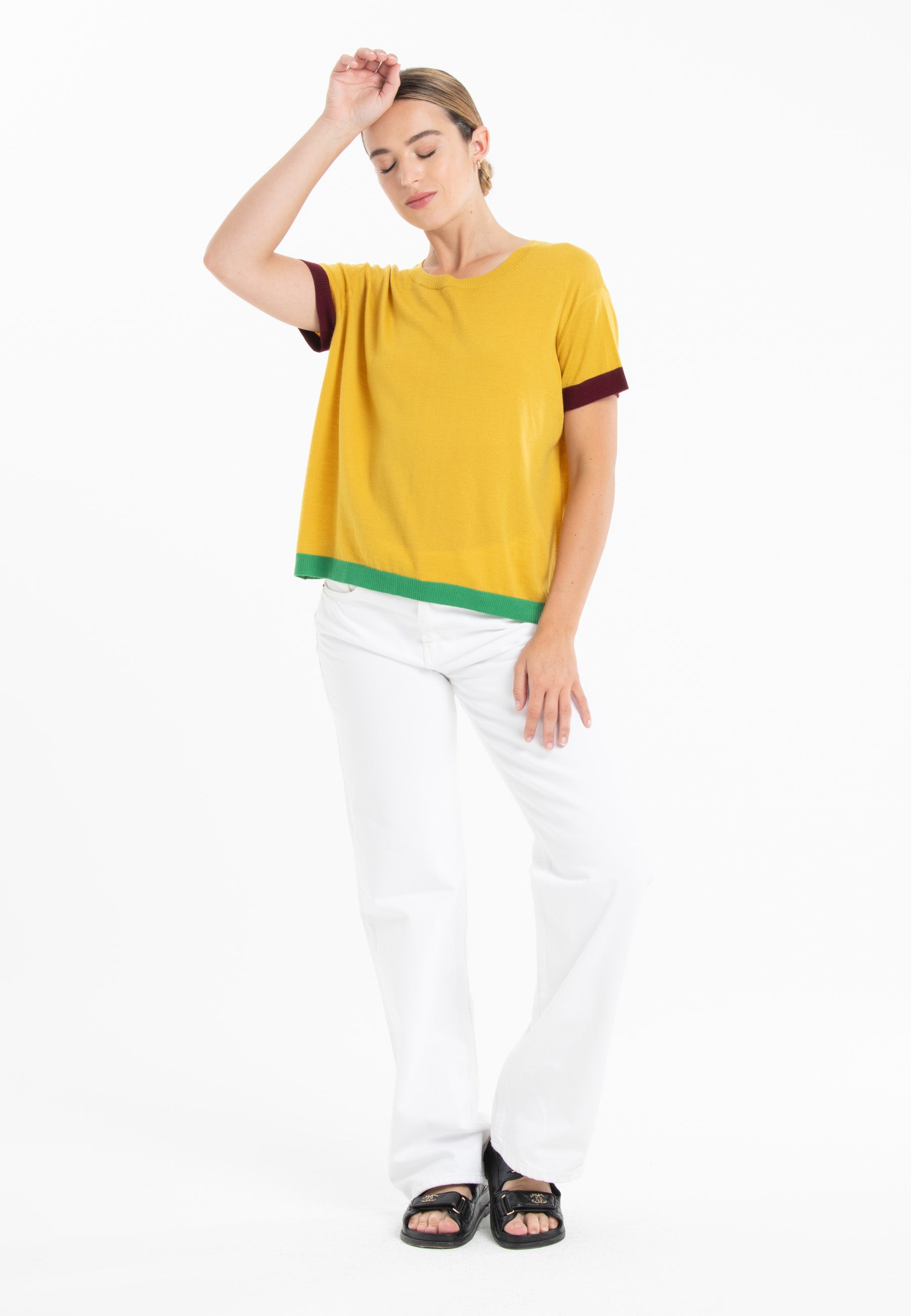 T-shirt col rond tricolore ultrafin cachemire et laine jaune/ rouge bordeaux/ vert femme - KELLY 8-3