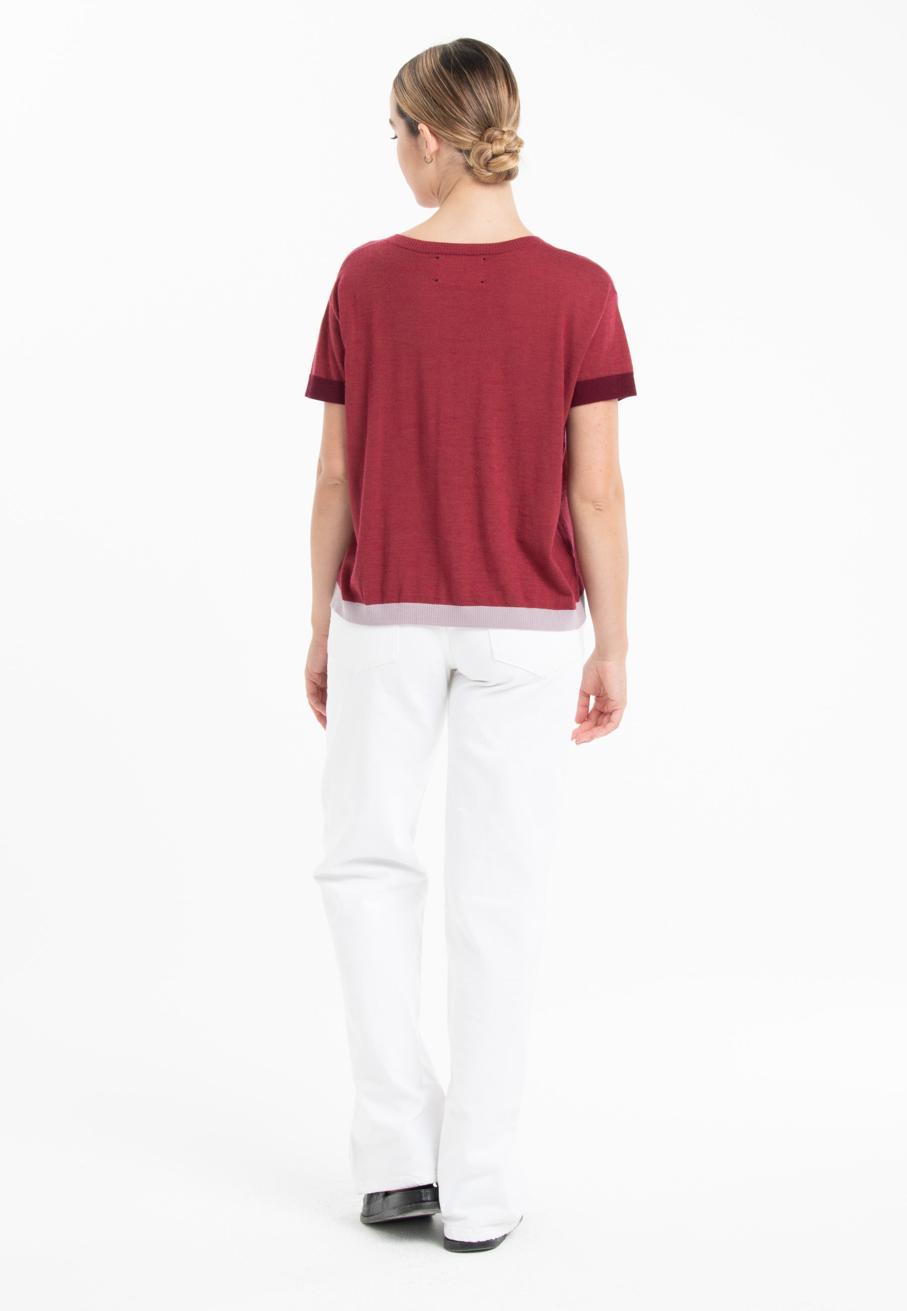 T-shirt col rond tricolore ultrafin cachemire et laine rouge/ rouge bordeaux/ violet - KELLY 8-1