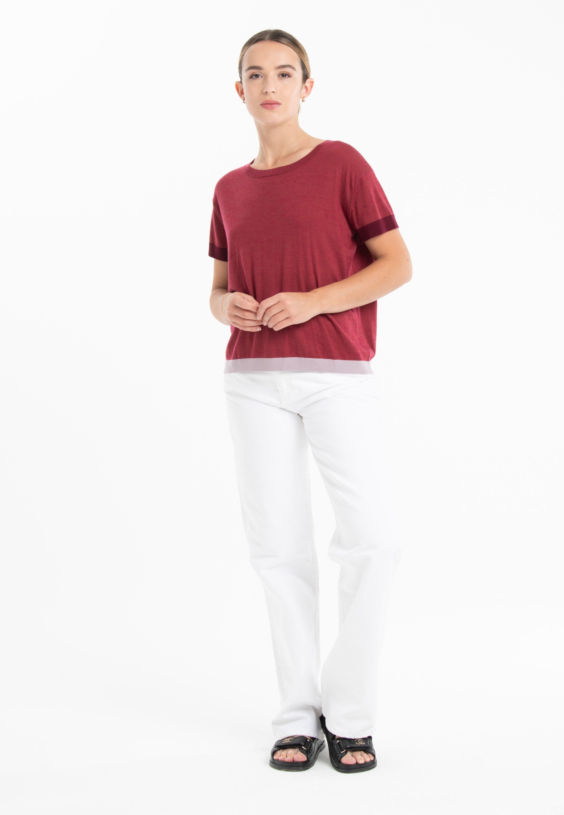 T-shirt col rond tricolore ultrafin cachemire et laine rouge/ rouge bordeaux/ violet - KELLY 8-0