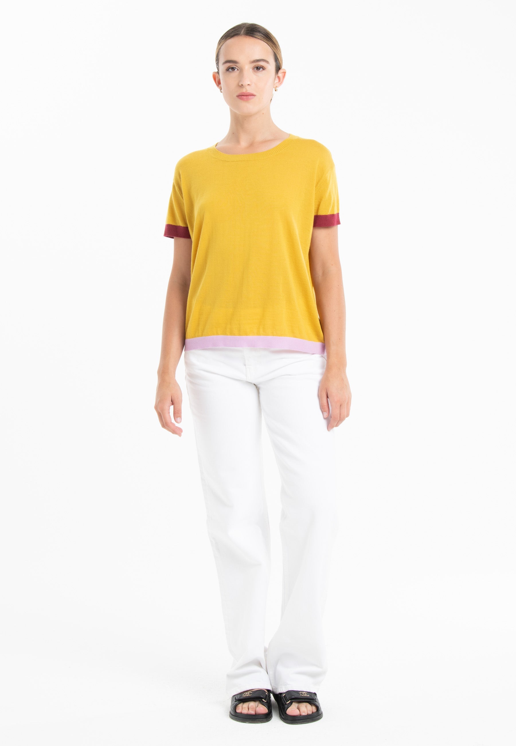 T-shirt col rond tricolore ultrafin cachemire et laine jaune/ rouge/ lavande femme - KELLY 8-0