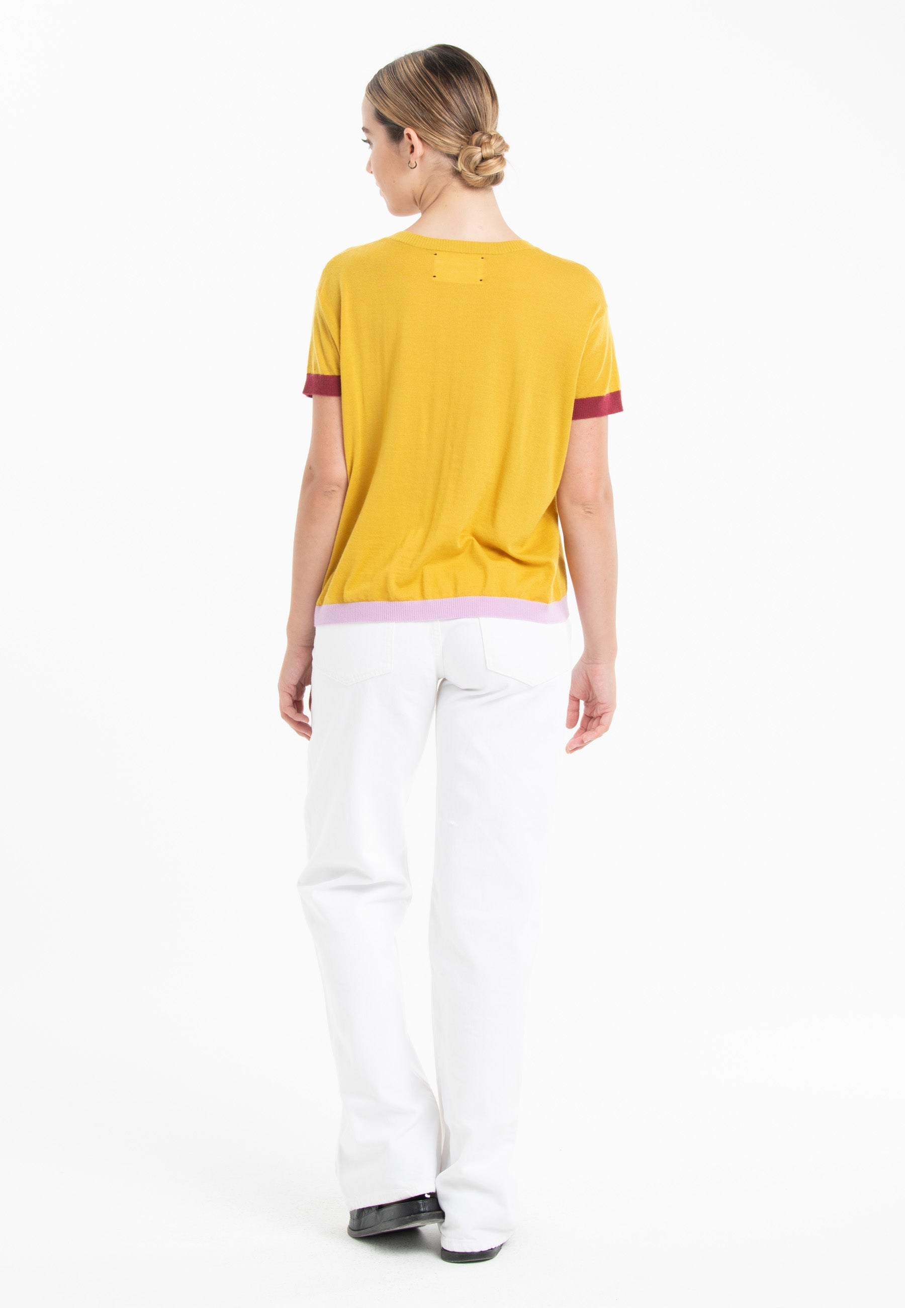 T-shirt col rond tricolore ultrafin cachemire et laine jaune/ rouge/ lavande femme - KELLY 8-2