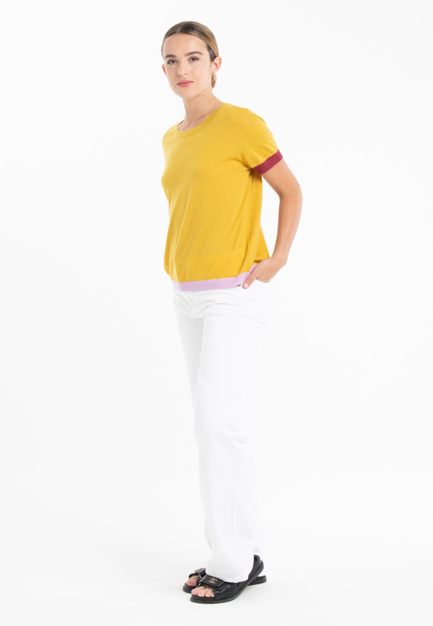 T-shirt col rond tricolore ultrafin cachemire et laine jaune/ rouge/ lavande femme - KELLY 8-3