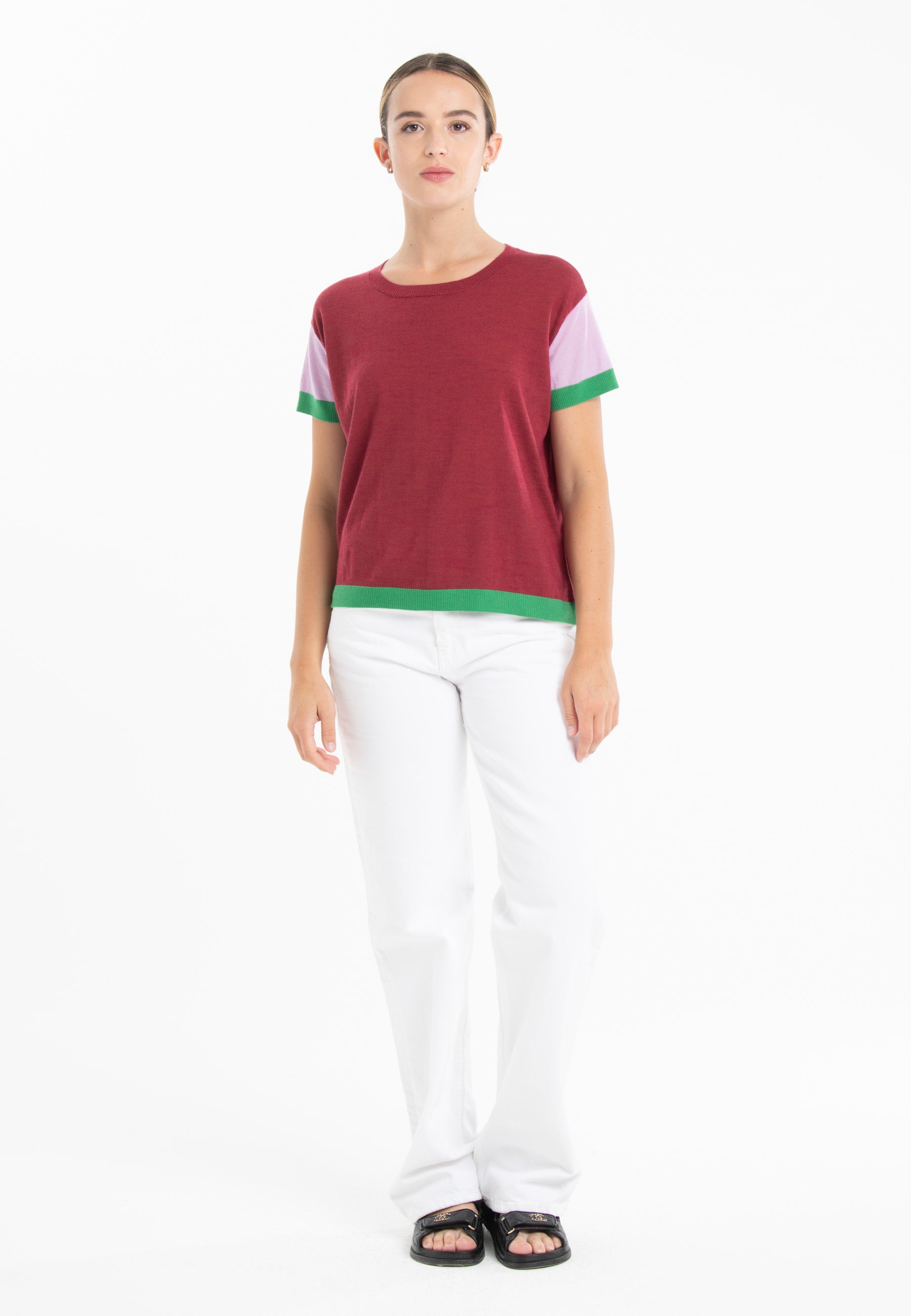 T-shirt col rond tricolore ultrafin cachemire et laine rouge/ lavande/ vert femme - KELLY 7-0