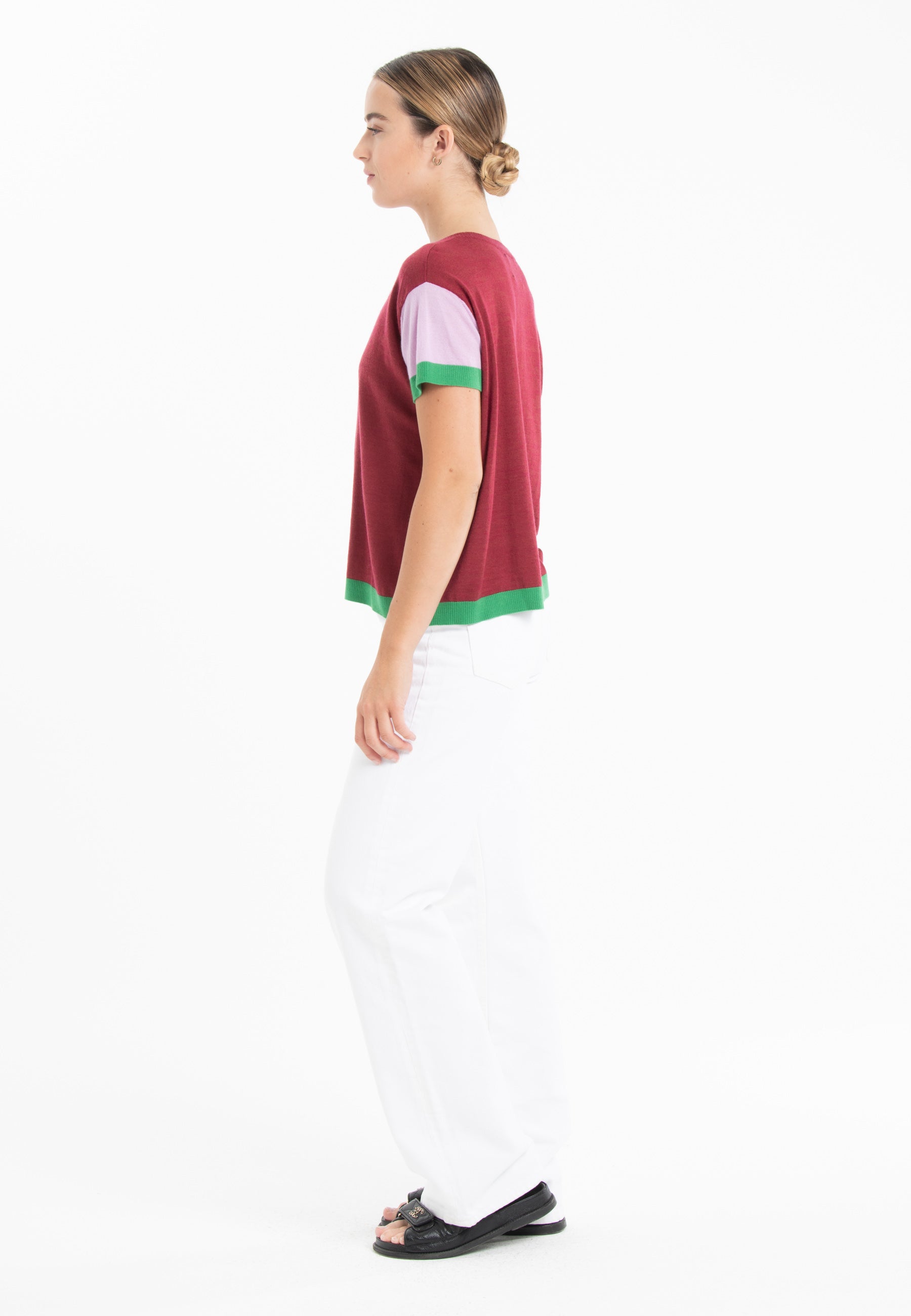 T-shirt col rond tricolore ultrafin cachemire et laine rouge/ lavande/ vert femme - KELLY 7-1