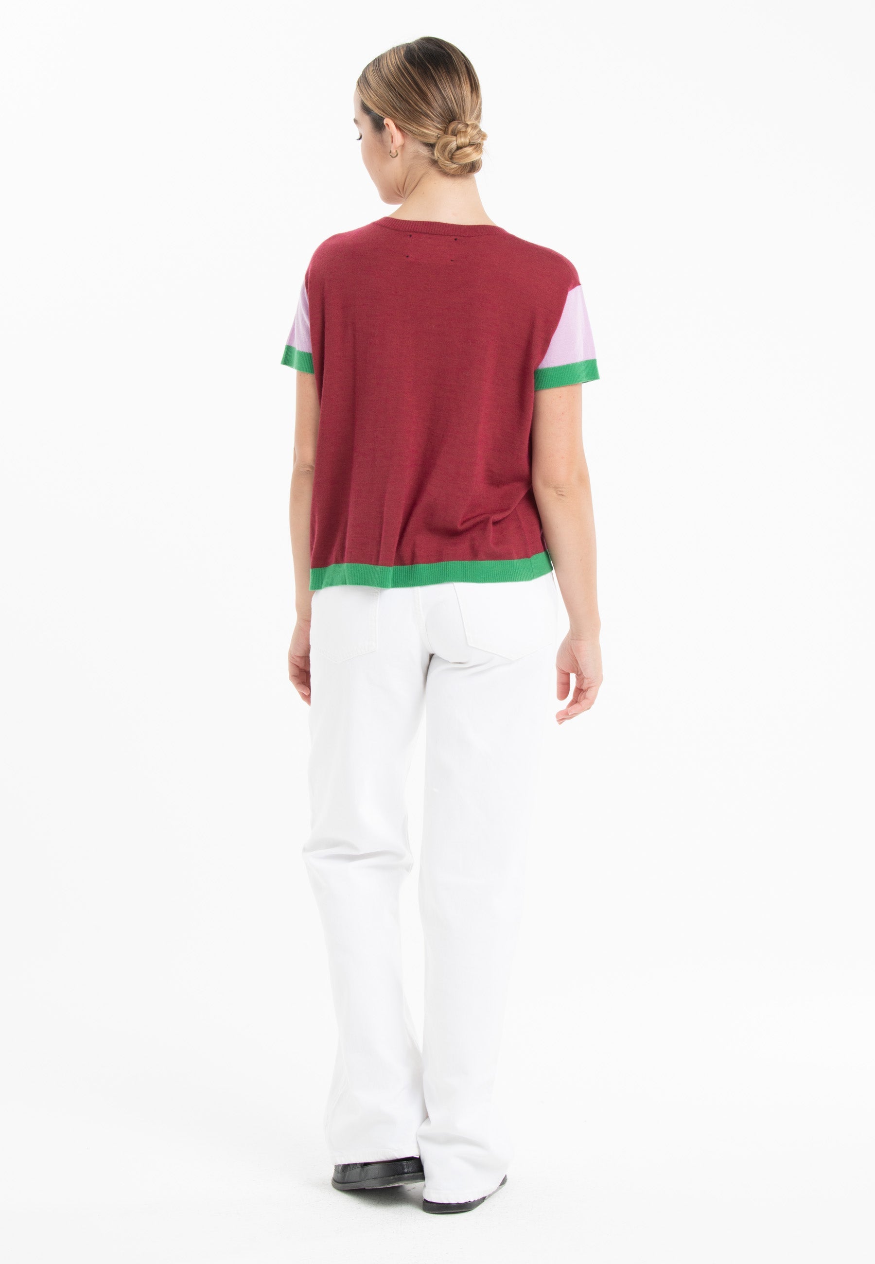 T-shirt col rond tricolore ultrafin cachemire et laine rouge/ lavande/ vert femme - KELLY 7-2