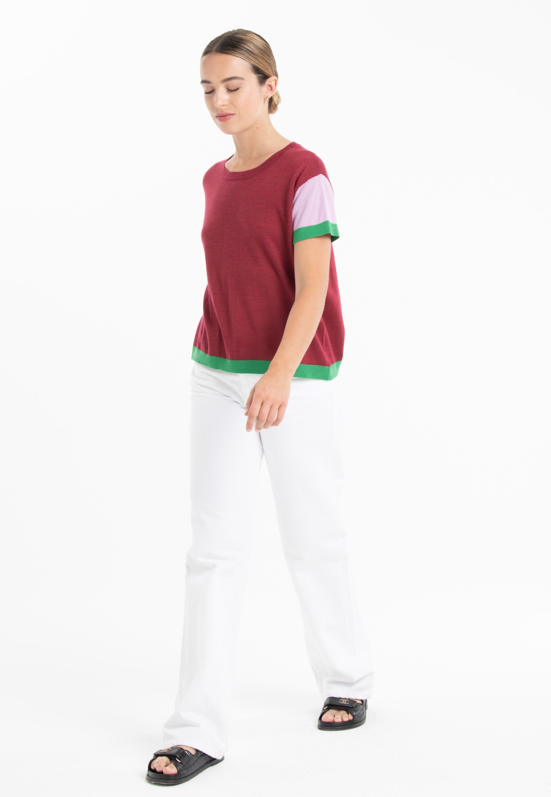 T-shirt col rond tricolore ultrafin cachemire et laine rouge/ lavande/ vert femme - KELLY 7-3