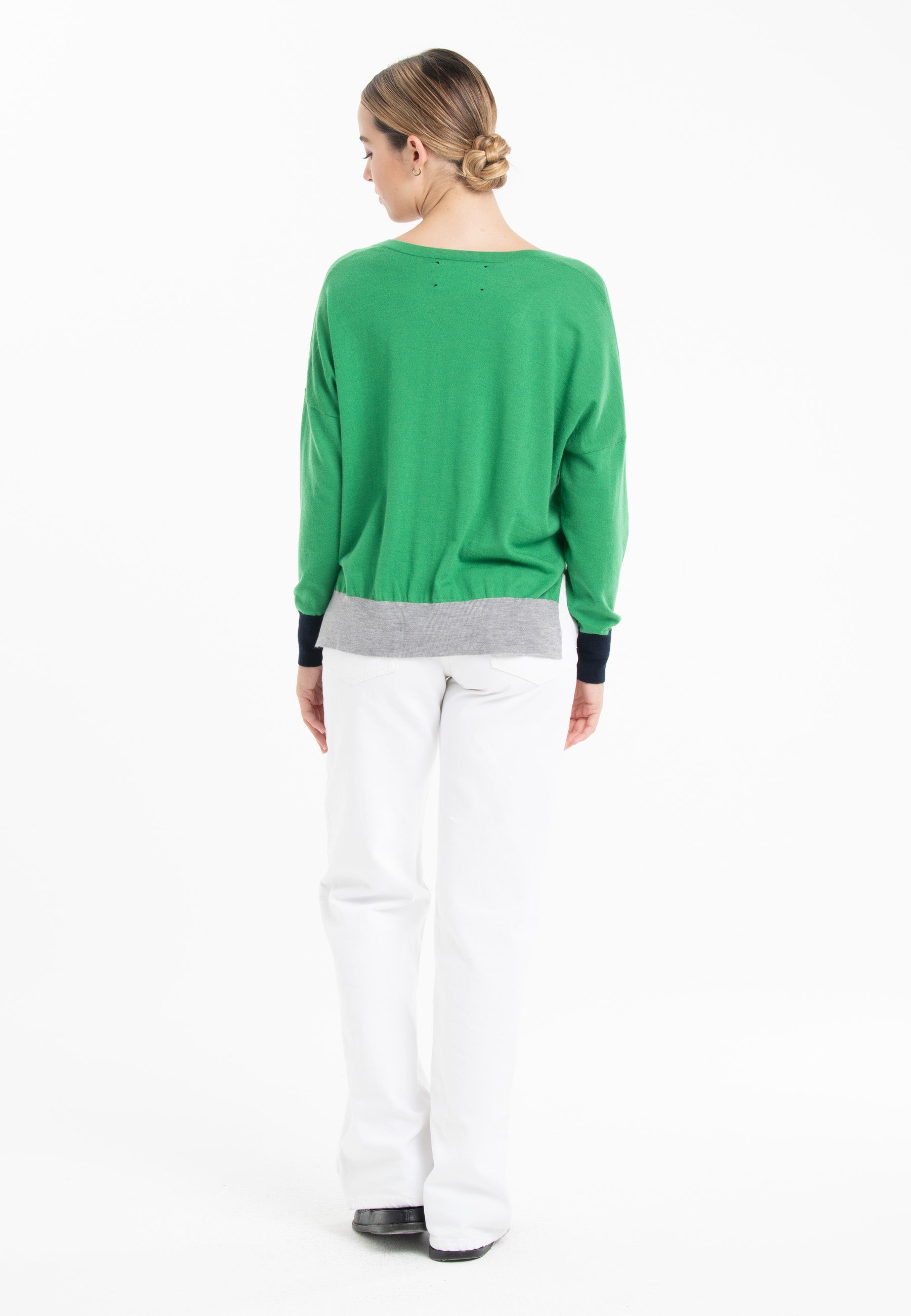 Pull col V oversize ultrafin cachemire et laine vert/ bleu marine/ gris femme - KELLY 10-2