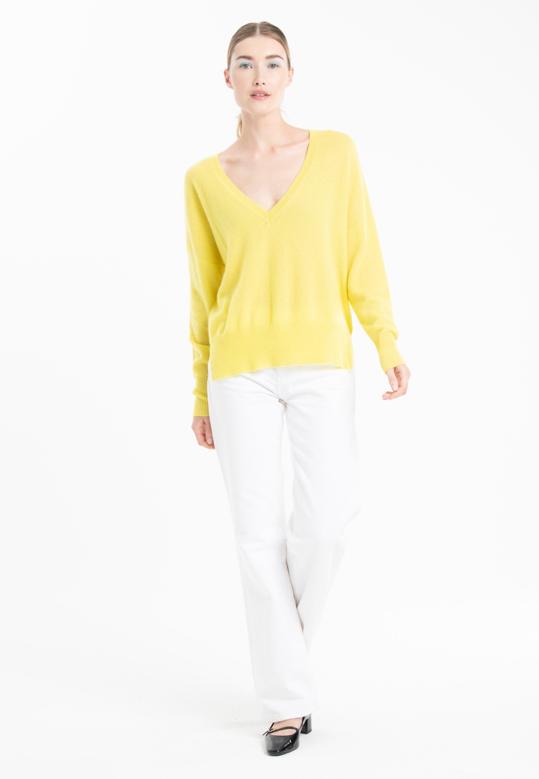 Pull col V en cachemire jaune fluo femme - RIA 3-3