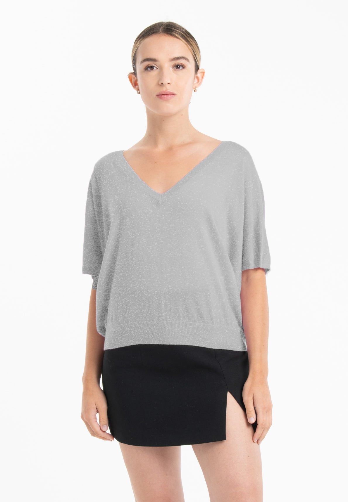 Pull col V manches chauve souris ultrafin cachemire et laine gris femme - KELLY 6-0