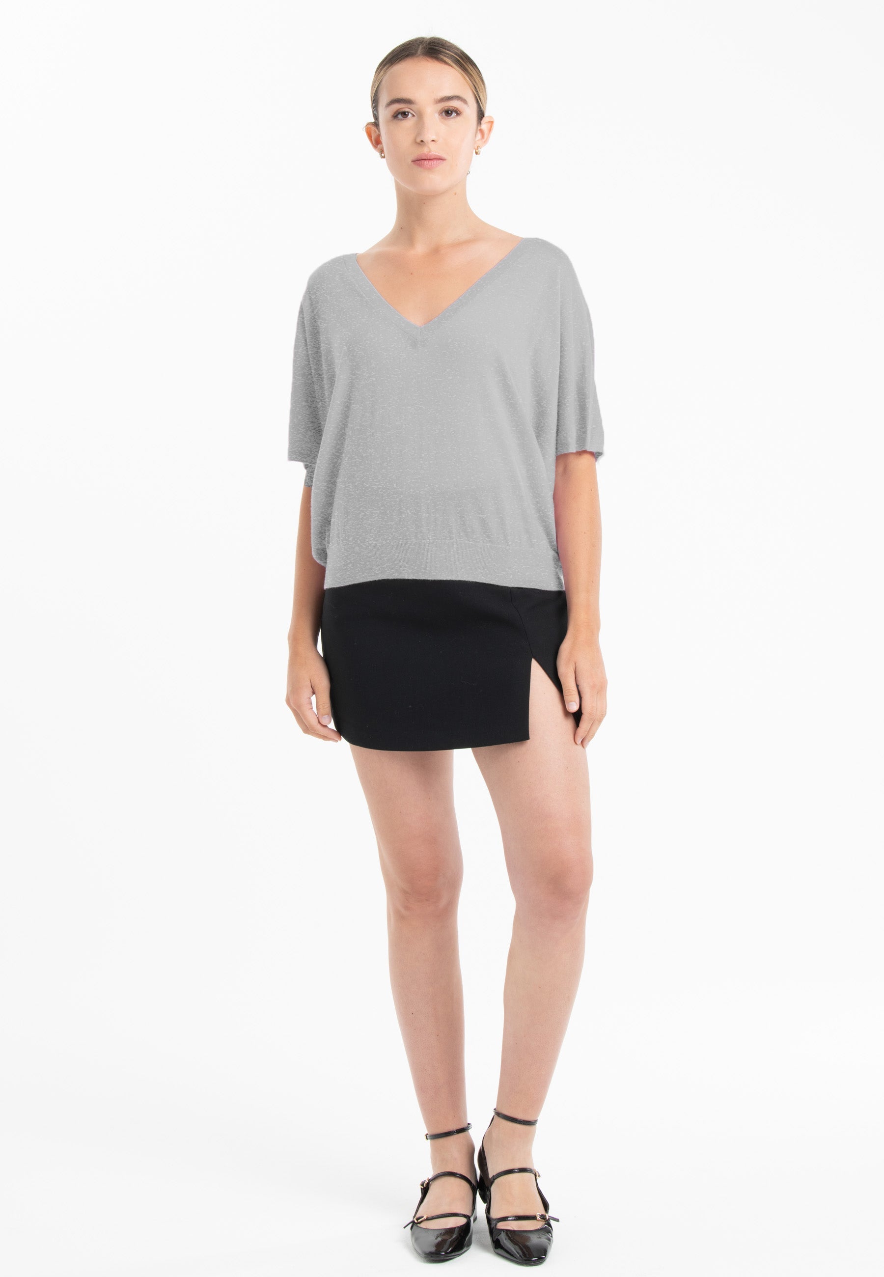 Pull col V manches chauve souris ultrafin cachemire et laine gris femme - KELLY 6-3