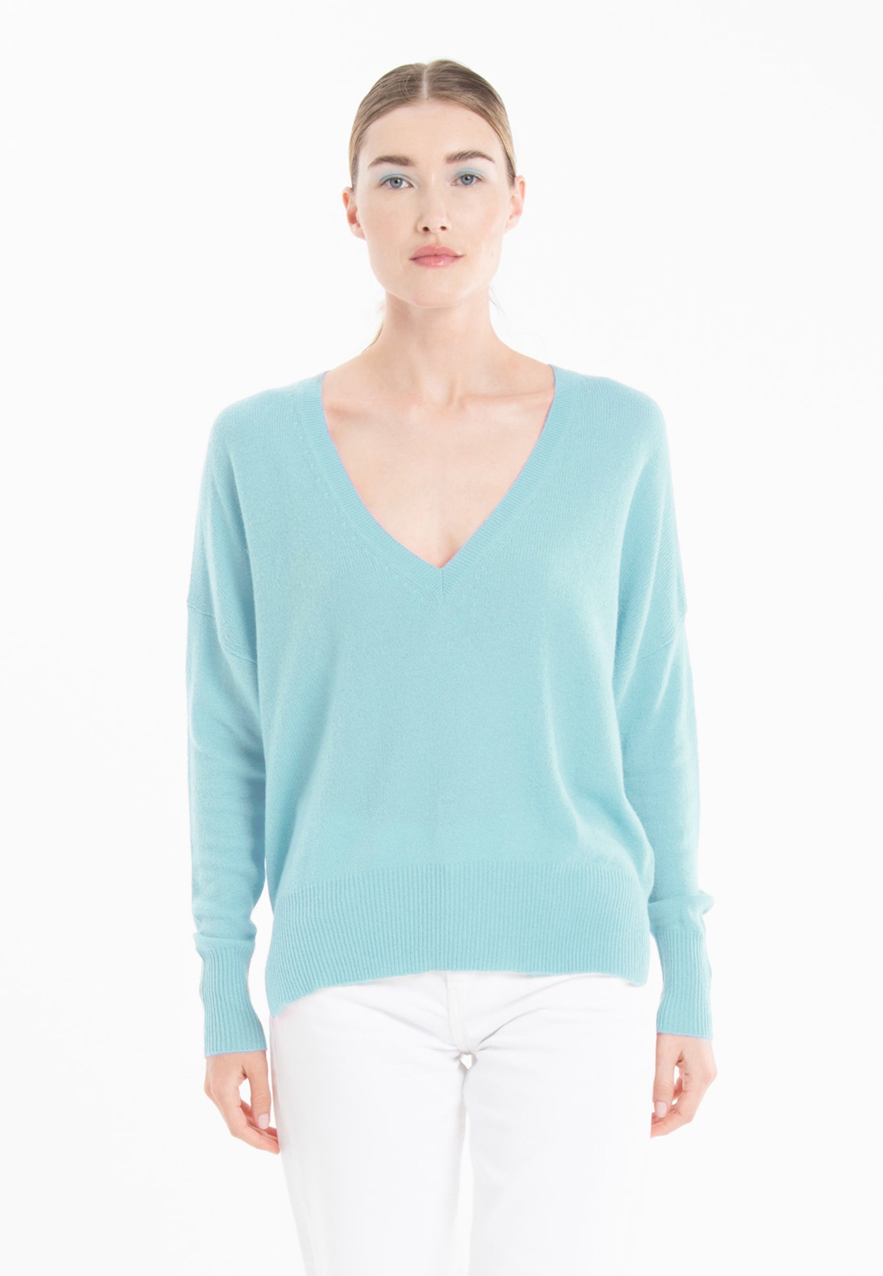 Pull col V en cachemire turquoise femme - RIA 3-0