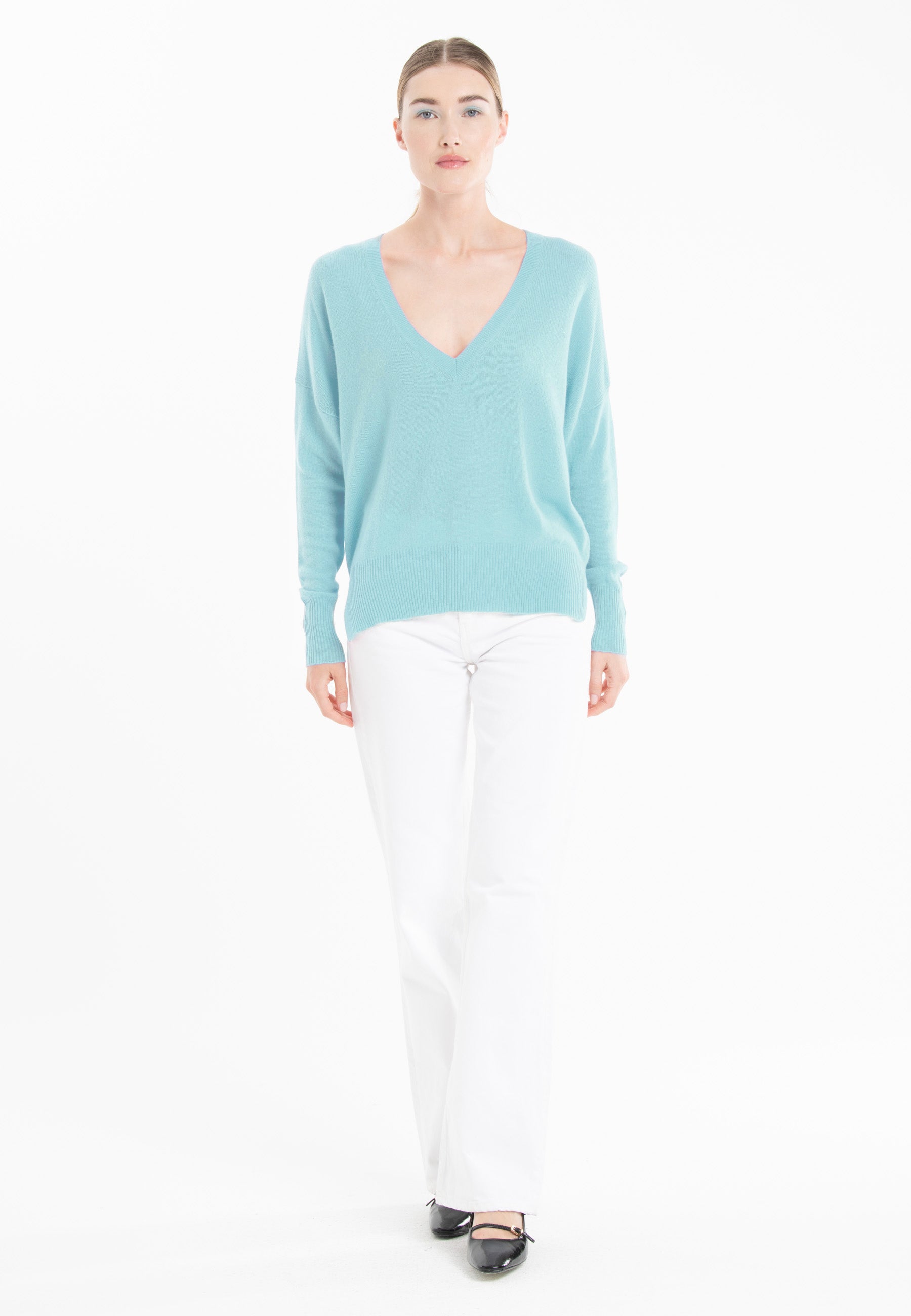 Pull col V en cachemire turquoise femme - RIA 3-2