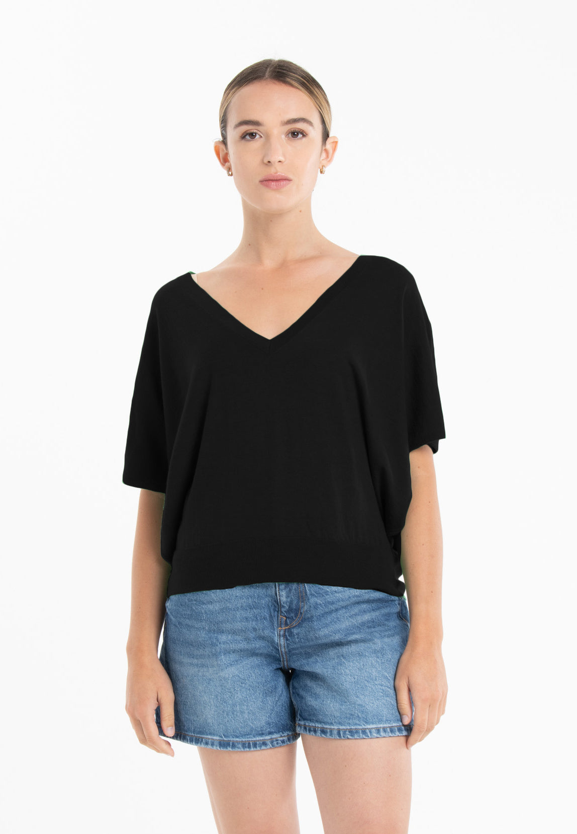 Pull col V manches chauve souris ultrafin cachemire et laine noir femme - KELLY 6-0