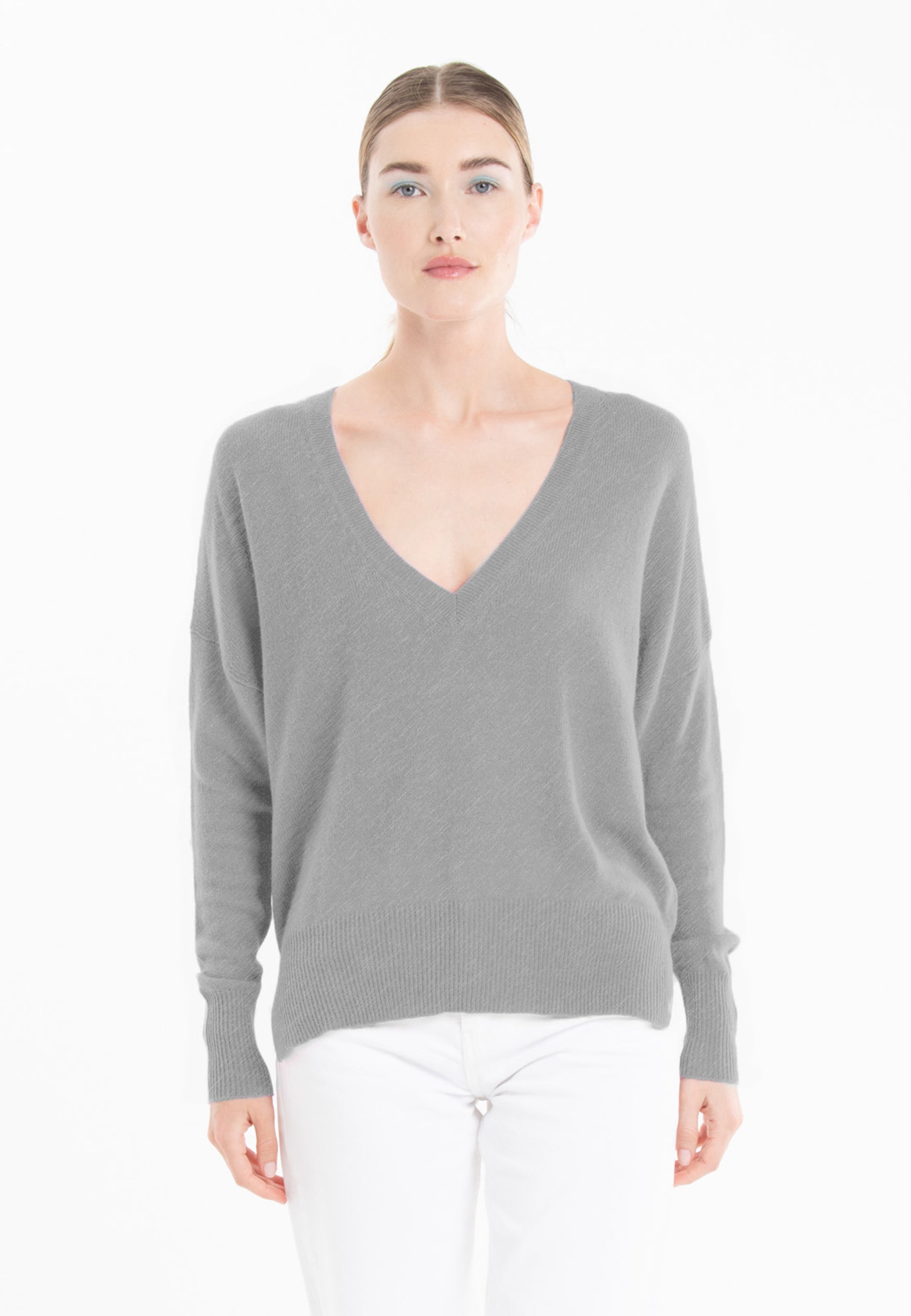 Pull col V oversize ultrafin cachemire et laine gris femme - KELLY 10-0