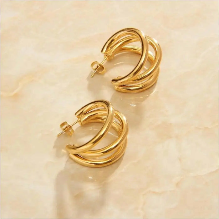 Annabel - Triple Hoop Earrings Gold-7