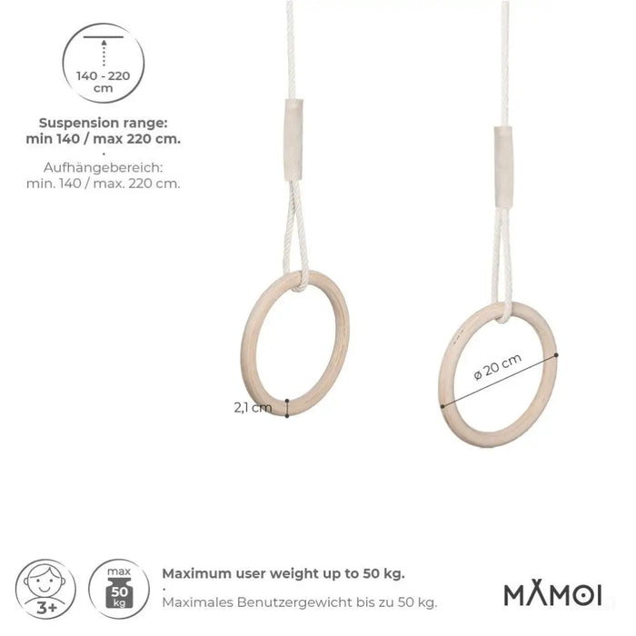 MAMOI® Anneaux gymnastique, Anneau balancoire en bois, Trapèze cirque, Balançoire trapeze pour bebe, Barre de gymnastique et accessoire de gym pour bébé-2