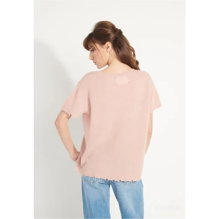 AVA 6 T shirt en cachemire déjaugé col rond manches courtes avec finitions ciselées rose poudré-2