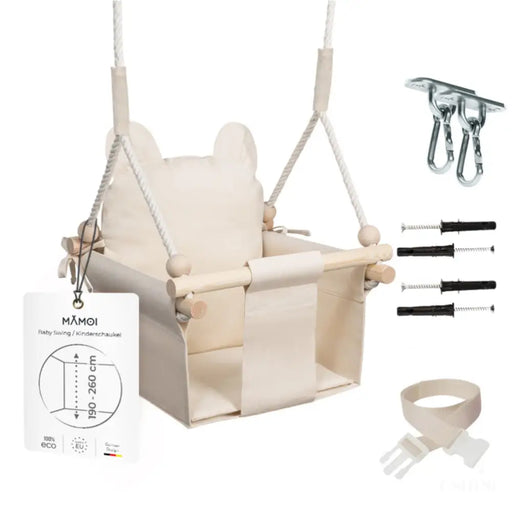 MAMOI® Balancoire interieur pour bebe et enfants, Siege balançoire en bois et en coton pour bébé, Balansoire pour enfant, Balancelle scandinave, Baby swing-0