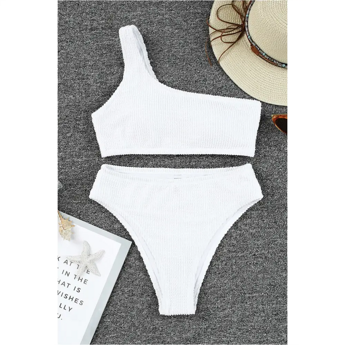 Bikini froissé blanc à une épaule-6