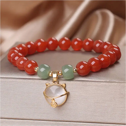 Bracelet ethnique en Agate Rouge avec Chat Chanceux - Rouge