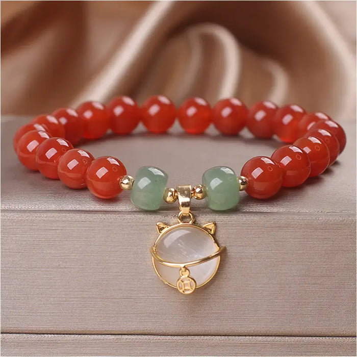 Bracelet ethnique en Agate Rouge avec Chat Chanceux - Rouge