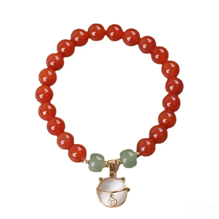 Bracelet ethnique en Agate Rouge avec Chat Chanceux - Rouge