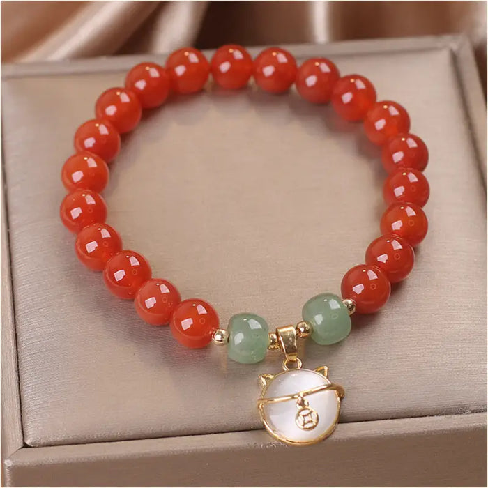 Bracelet ethnique en Agate Rouge avec Chat Chanceux - Rouge