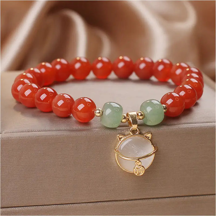 Bracelet ethnique en Agate Rouge avec Chat Chanceux - Rouge