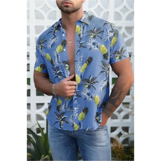 Chemise à manches courtes imprimée hawaïenne pour hommes bleu ciel-0