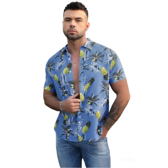 Chemise à manches courtes imprimée hawaïenne pour hommes bleu ciel-10