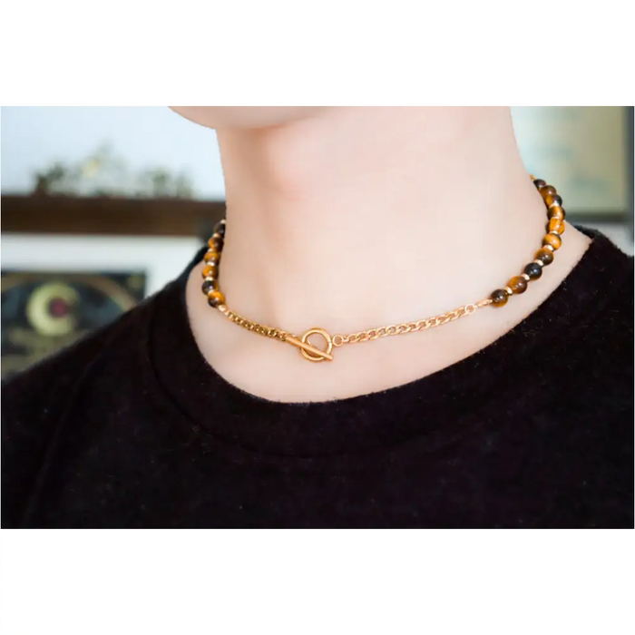 CIRCÉ | Collier en Oeil de tigre et plaqué Or 18 et 24 carats-3