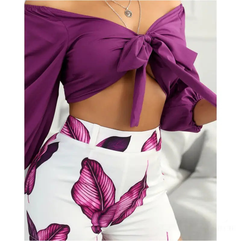 Crop Top & Short Motif Feuilles - Violet / L - Ensemble 2