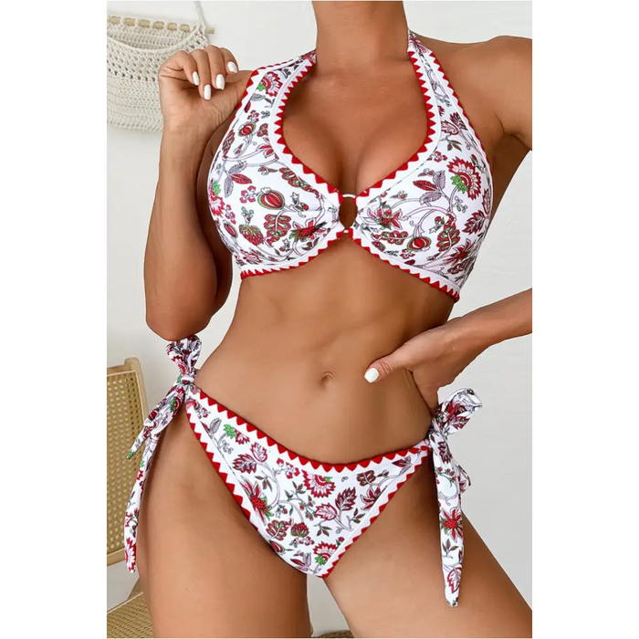 Ensemble de bikini dos nu à nœud floral rouge avec joint torique-3