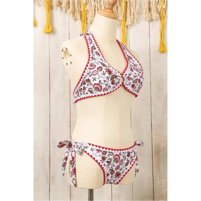 Ensemble de bikini dos nu à nœud floral rouge avec joint torique-8