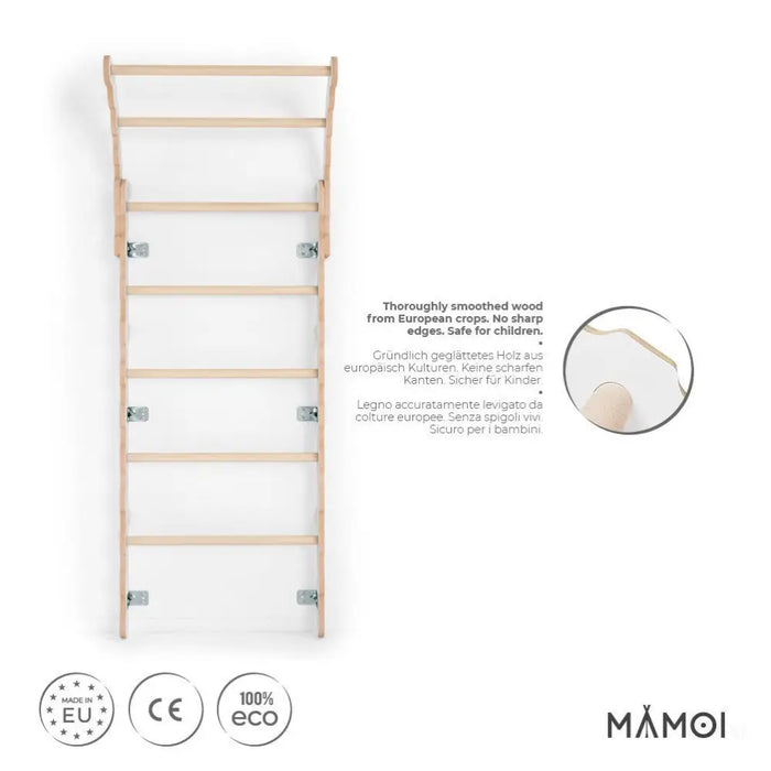 MAMOI® Espalier en bois, Mur escalade suedois pour enfant, Échelle suedoise pour bebe, Jeux descalade et gym avec accessoires, Barre et anneaux gymnastique-1