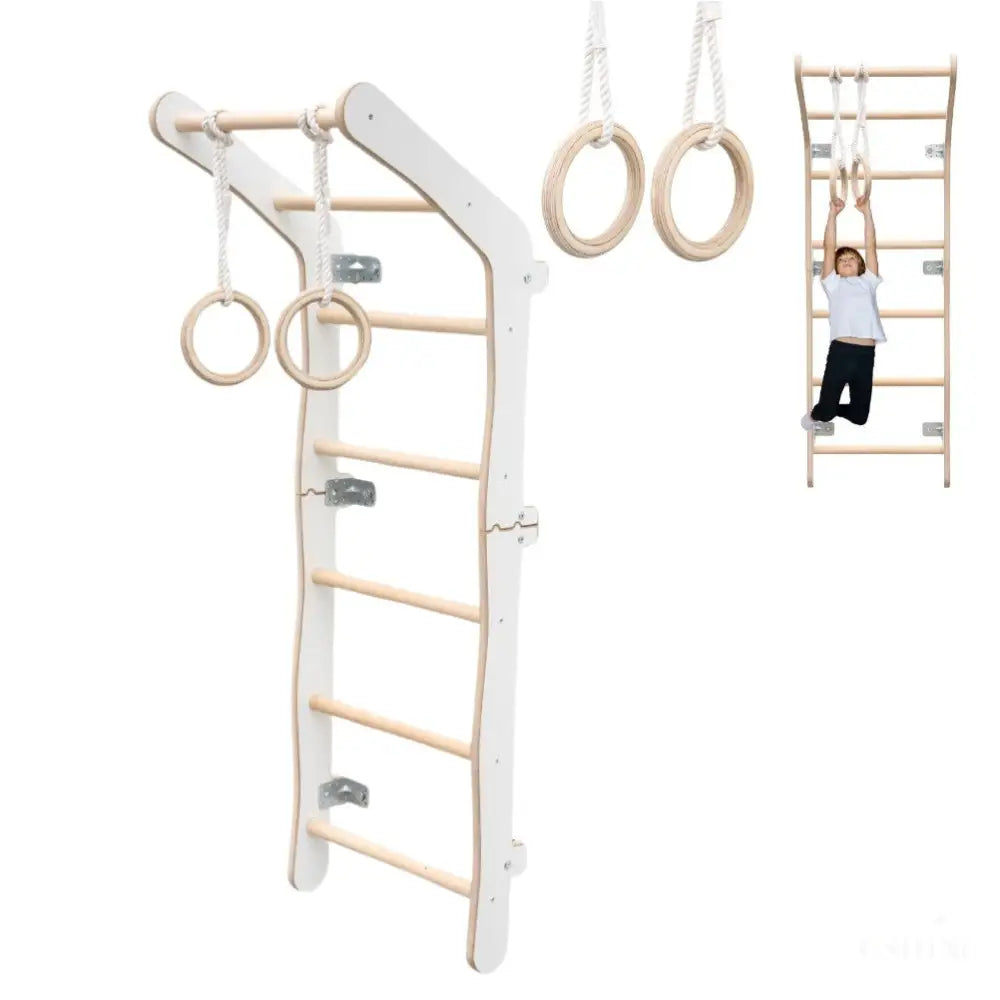 MAMOI® Espalier en bois, Mur escalade suedois pour enfant, Échelle suedoise pour bebe, Jeux descalade et gym avec accessoires, Barre et anneaux gymnastique-0