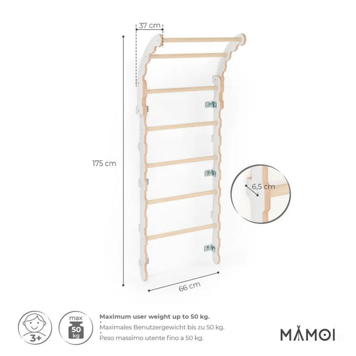 MAMOI® Espalier en bois, Mur escalade suedois pour enfant, Échelle suedoise pour bebe, Jeux descalade et gym avec accessoires, Barre et anneaux gymnastique-2