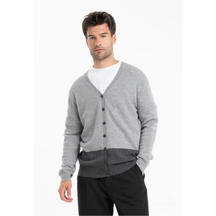 GABI 6 Cardigan col V bicolore en cachemire gris-0