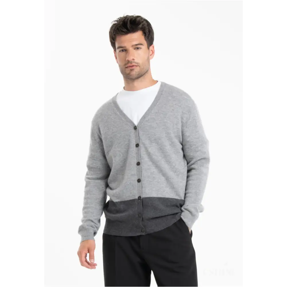 GABI 6 Cardigan col V bicolore en cachemire gris-0