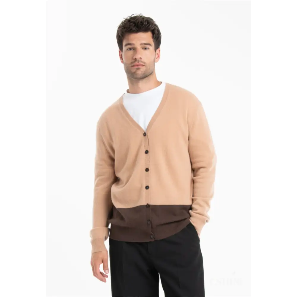 GABI 6 Cardigan col V bicolore en cachemire marron/camel-0