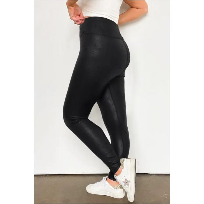 Legging en cuir élégant noir à taille croisée-1